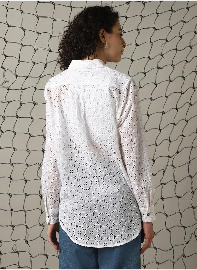 Hubberholme Women Oversized Fit Cotton Schiffli Casual Shirt  - Image 5