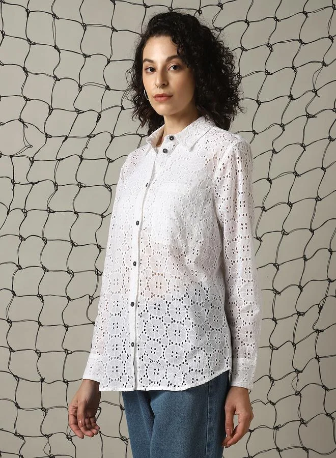 Hubberholme Women's Multicolour 100% Cotton Schiffli Button Down Oversized Shirt