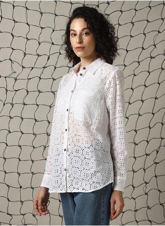 Hubberholme Women Oversized Fit Cotton Schiffli Casual Shirt  - Image 3