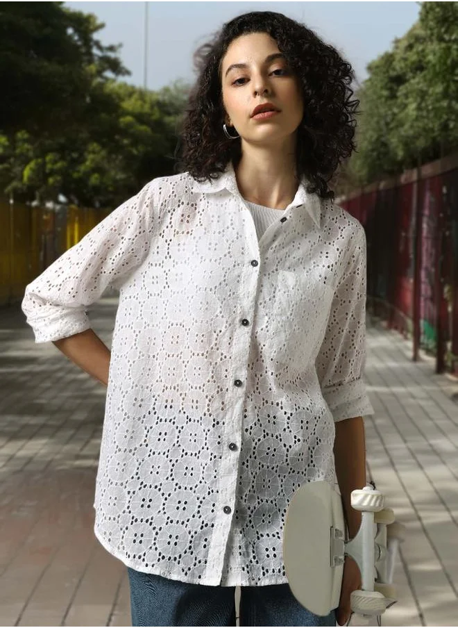 Hubberholme Women Oversized Fit Cotton Schiffli Casual Shirt