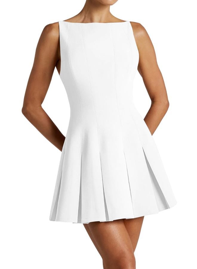 SHESEEWORLD Women's Summer Sleeveless Boat Neck Flared A-Line Mini Dress Elegant Backless Pleated Hem Flowy Party Dress, White, S - Image 2