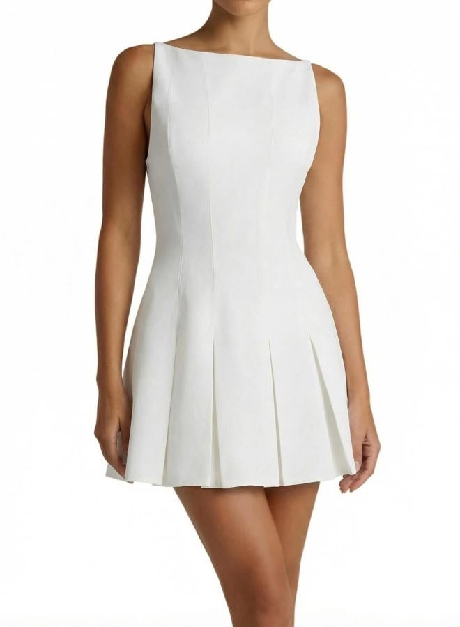 SHESEEWORLD Women's Summer Sleeveless Boat Neck Flared A-Line Mini Dress Elegant Backless Pleated Hem Flowy Party Dress, White, S - Image 1