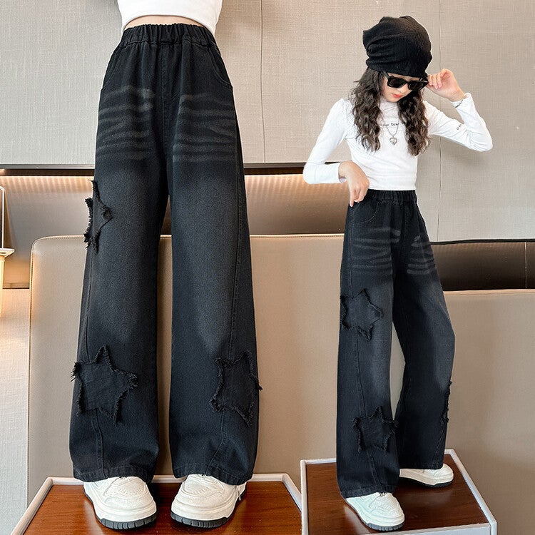Girls Jeans Korean Style Middle And Big Kids Fashion Casual Western Style Five-Pointed Star Wide-Leg Pants - Image 1