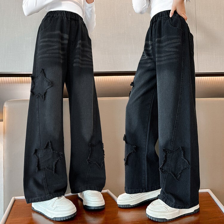Girls Jeans Korean Style Middle And Big Kids Fashion Casual Western Style Five-Pointed Star Wide-Leg Pants - Image 5