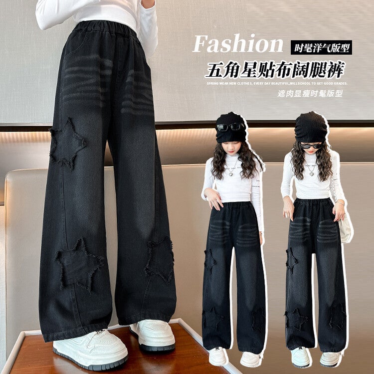 Girls Jeans Korean Style Middle And Big Kids Fashion Casual Western Style Five-Pointed Star Wide-Leg Pants - Image 3