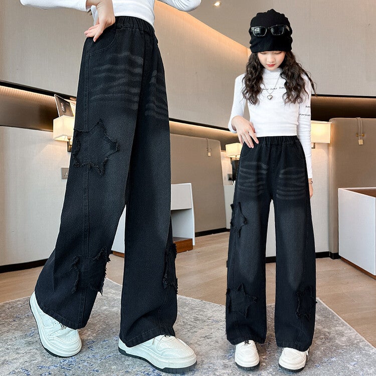 Girls Jeans Korean Style Middle And Big Kids Fashion Casual Western Style Five-Pointed Star Wide-Leg Pants - Image 4