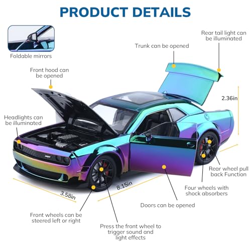 FRJV Car Toys for Boys 124 Diecast Cars Hellcat SRT Collectibles Model KitPull Back Metal Toy Car with Lights and SoundsToy Cars for Boys Age 47Gradient Purple - Image 5