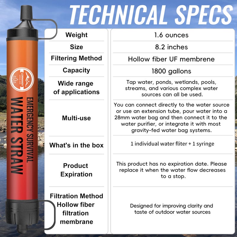 Lormandy Emergency Water Filter Straw, Personal Survival Water Filtration System, Water Purifier, Outdoor Survival Gear and Equipment for Hiking Camping Accessories Cycling Fishing Preparedness - Image 4