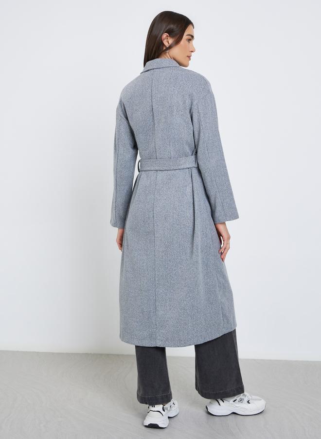 Styli Grey Regular Fit Belted Midi Coat - Image 4