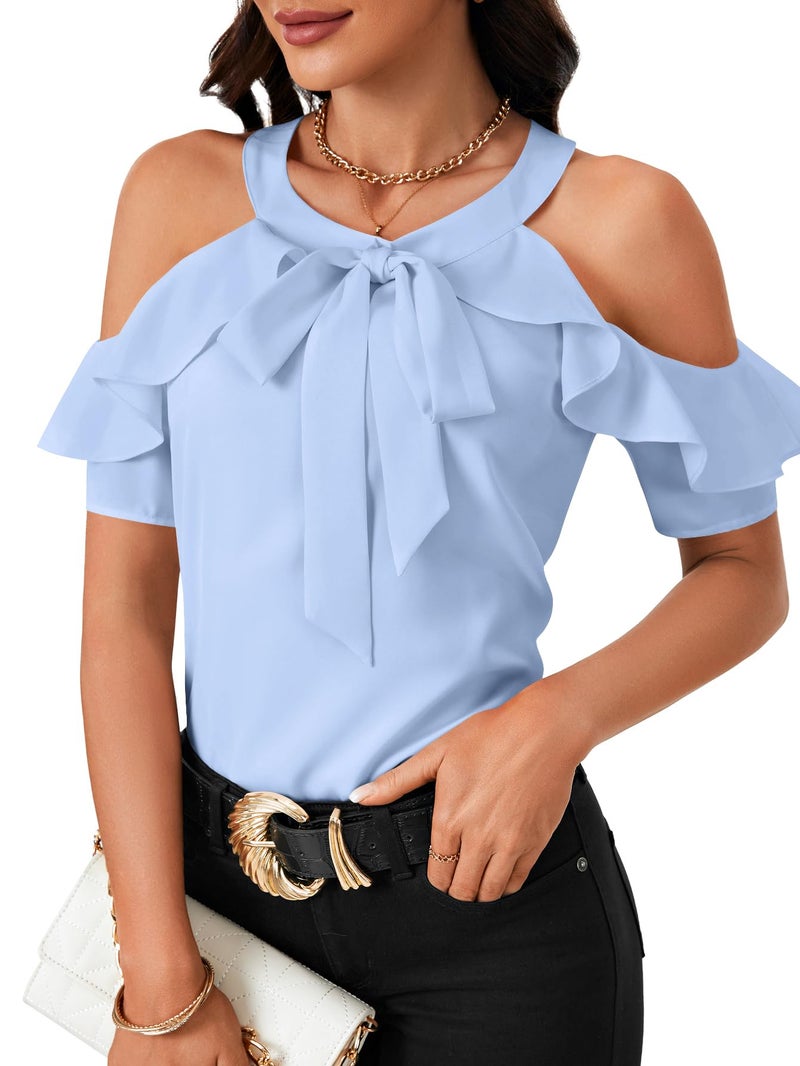 Rooscier Women's Cold Shoulder Tie Knot Round Neck Short Sleeve Ruffle Blouses Shirts Top Light Blue Small - Image 2
