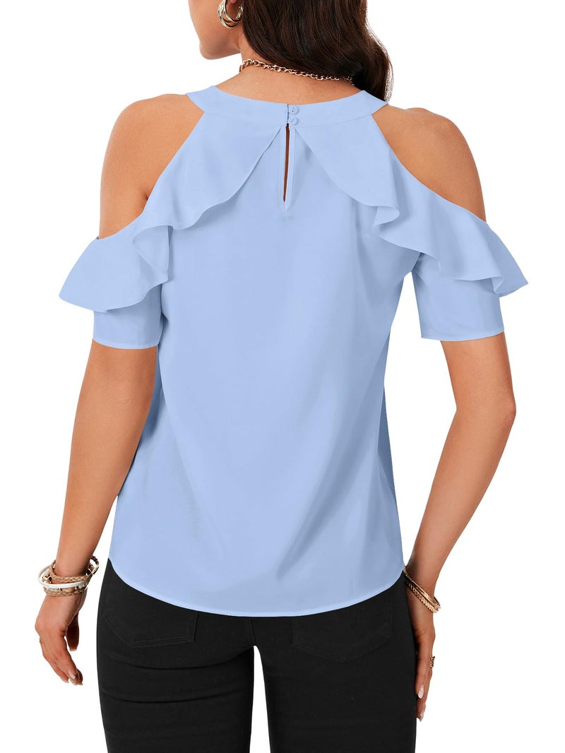 Rooscier Women's Cold Shoulder Tie Knot Round Neck Short Sleeve Ruffle Blouses Shirts Top Light Blue Small - Image 5