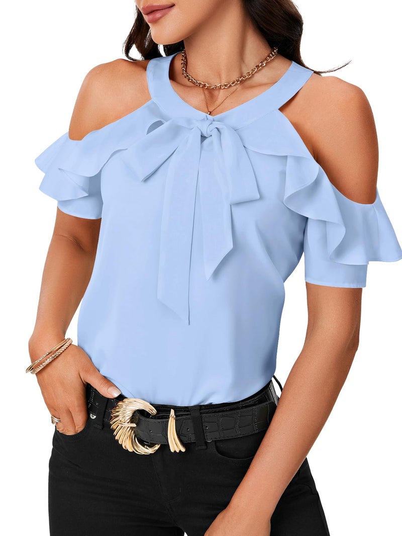 Rooscier Women's Cold Shoulder Tie Knot Round Neck Short Sleeve Ruffle Blouses Shirts Top Light Blue Small - Image 3