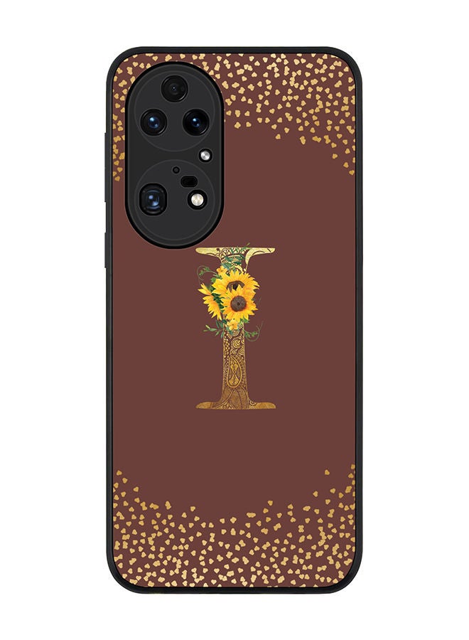 Rugged Black edge case for Huawei P50 Pro Slim fit Soft Case Flexible Rubber Edges Anti Drop TPU Gel Thin Cover - Custom Monogram Initial Letter Floral Pattern Alphabet - I (Brown )