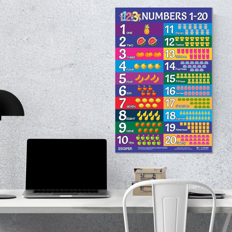 ESCAPER رسوم تعليمية للأرقام من 1 إلى 20 للأطفال، رسوم تعليمية لتعلم الأطفال (11.5 × 17.5 بوصة)، مواد دراسية للأطفال، كتب تعليمية للأطفال، ملصقات تعليمية - Image 4