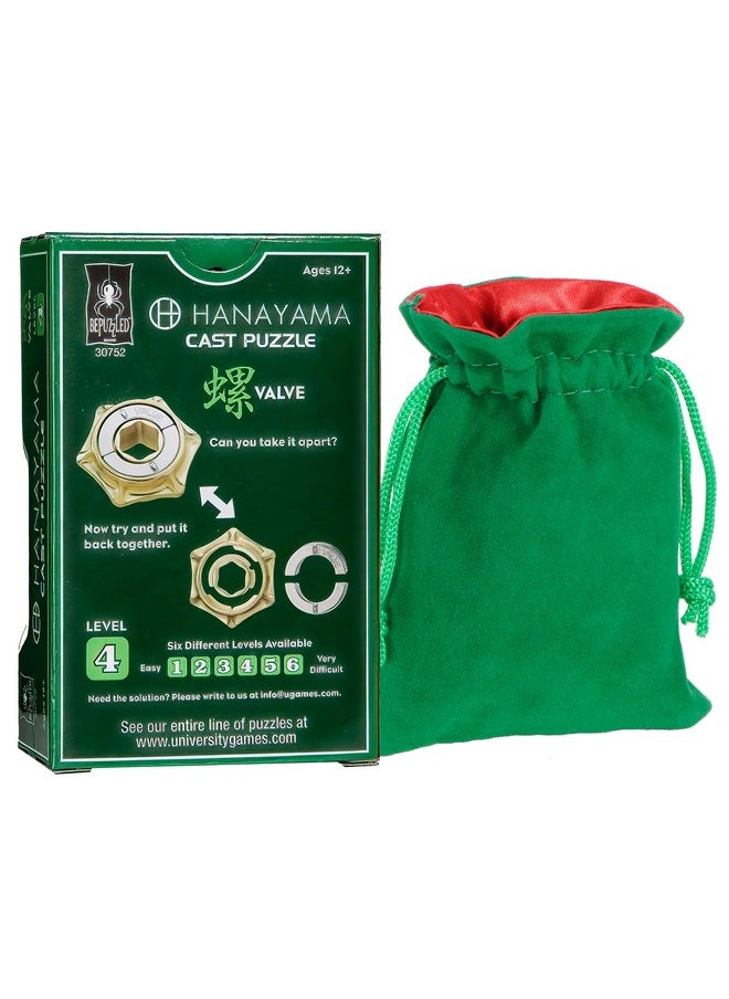 Deluxe Games and Puzzles Valve Hanayama Puzzle, New 2022, Level 4, with Green Velvet, Red Satin-Lined Drawstring Pouch, Bundled  - Image 2