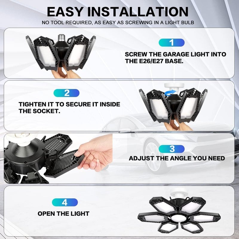 Luyata 2 Pack Deformable LED Ceiling Light with 6 Adjustable Panels for Garage, Workshop, Basement - E26/E27 Screw Socket - Image 5