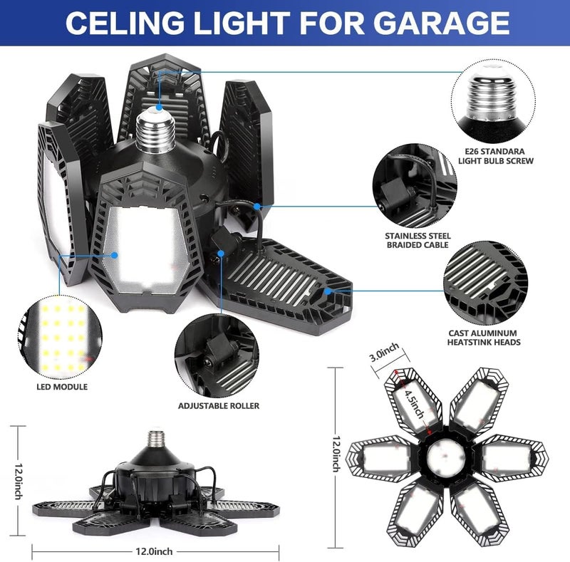 Luyata 2 Pack Deformable LED Ceiling Light with 6 Adjustable Panels for Garage, Workshop, Basement - E26/E27 Screw Socket - Image 4