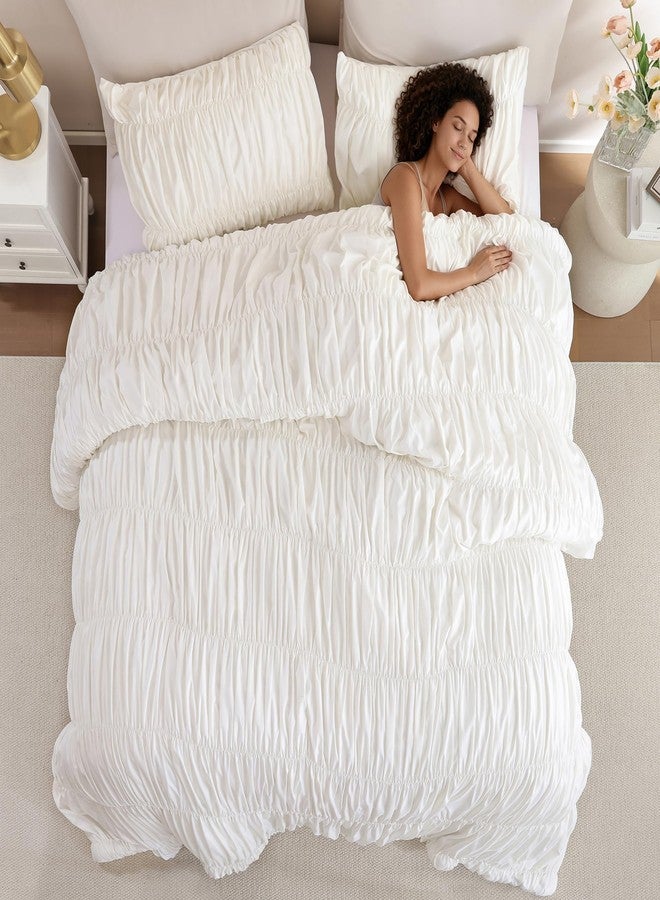 weigelia Cinched Comforter Set Queen - 3PCS Soft Cozy Cream White Queen Bedding Set with Decorative Ruched Design, Fluffy Lightweight All Season Cute Comforter for Elegant Home & Bedroom Decor - Image 3