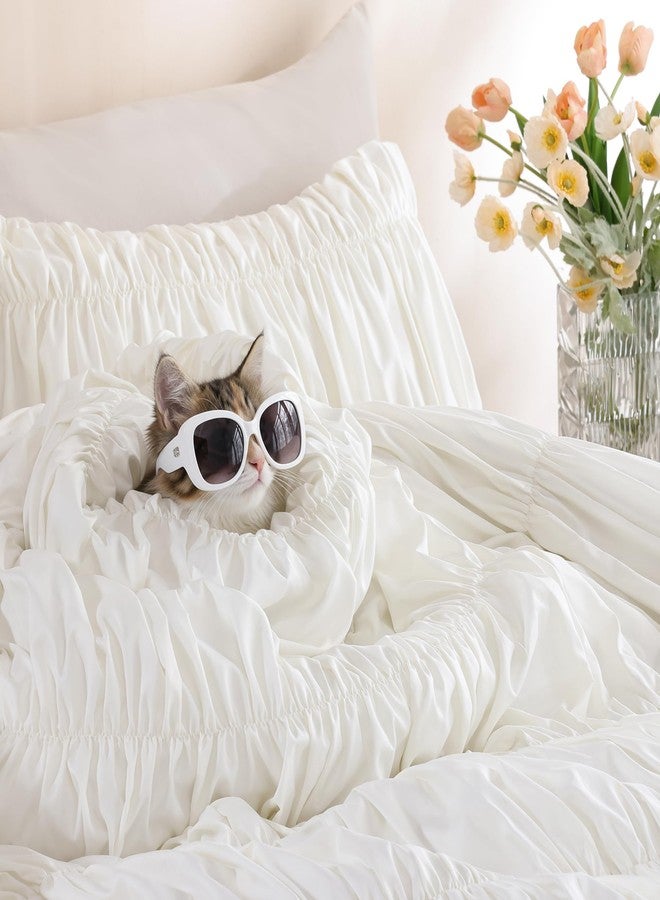 weigelia Cinched Comforter Set Queen - 3PCS Soft Cozy Cream White Queen Bedding Set with Decorative Ruched Design, Fluffy Lightweight All Season Cute Comforter for Elegant Home & Bedroom Decor - Image 5