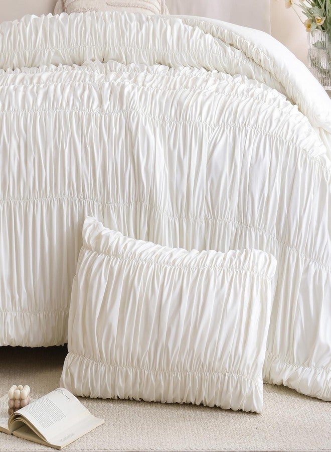 weigelia Cinched Comforter Set Queen - 3PCS Soft Cozy Cream White Queen Bedding Set with Decorative Ruched Design, Fluffy Lightweight All Season Cute Comforter for Elegant Home & Bedroom Decor - Image 4