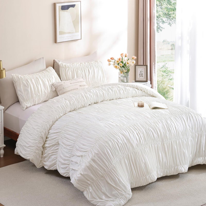 weigelia Cinched Comforter Set Queen - 3PCS Soft Cozy Cream White Queen Bedding Set with Decorative Ruched Design, Fluffy Lightweight All Season Cute Comforter for Elegant Home & Bedroom Decor - Image 1