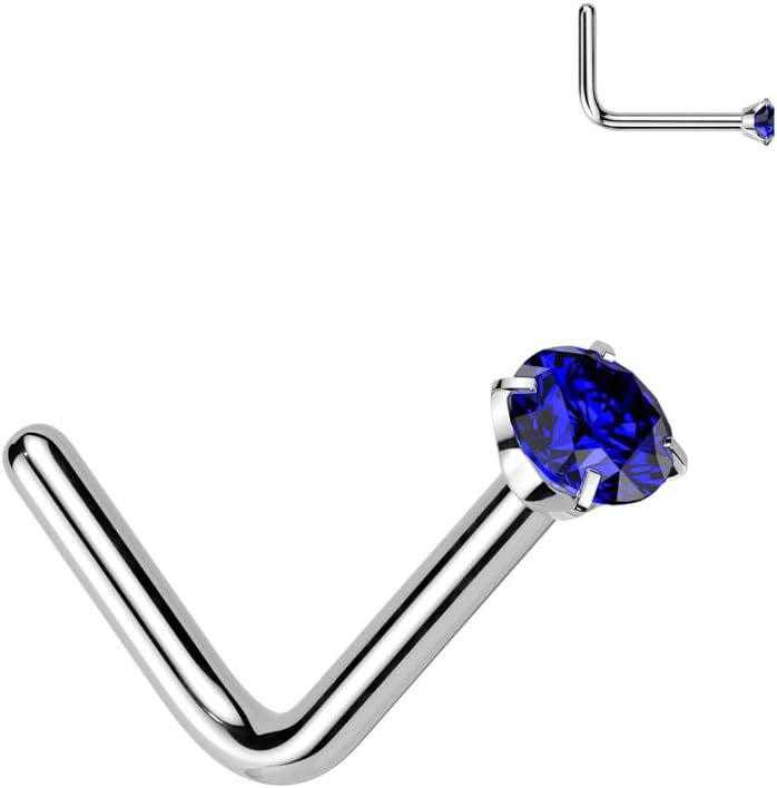 FifthCue Solid Titanium L Bend Nose Stud Ring with Prong Set CZ Gem - Image 1
