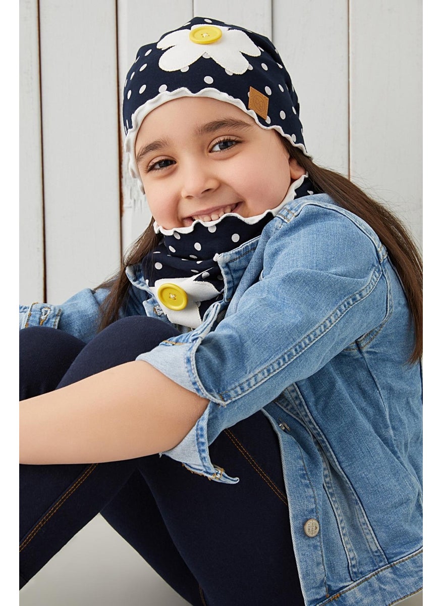 Babygiz - 100% Cotton, Double Layer, Soft, Combed Cotton, Navy Blue and White Polka Dot Baby Girl Beanie Neck Collar - Image 1