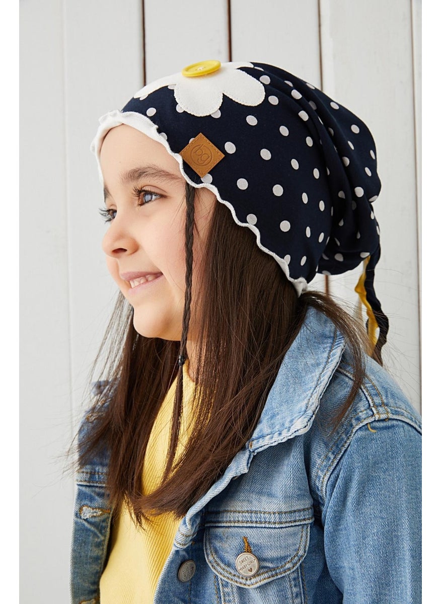Babygiz - 100% Cotton, Double Layer, Soft, Combed Cotton, Navy Blue and White Polka Dot Baby Girl Beanie Neck Collar - Image 1