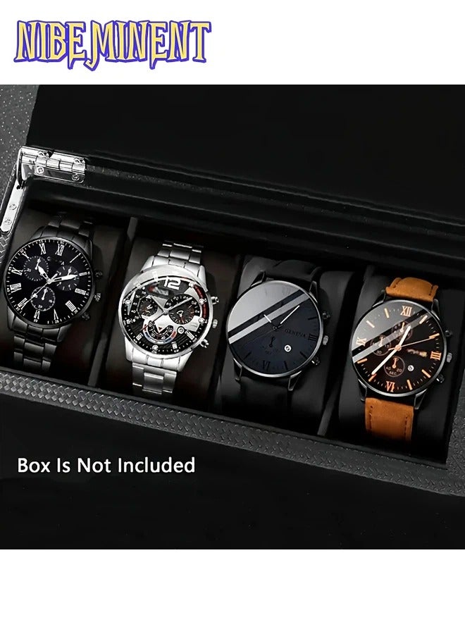 NIBEMINENT 4pcs Men's Fashion Watch Set, Quartz Movement, Round Zinc Alloy Case, Faux Leather and Stainless Steel Strap, Battery Powered with Multiple Time Zones & Date Function - Perfect for Valentine's Day, Easter, Ramadan, Birthday, Christmas - Middle East Edition - Image 1
