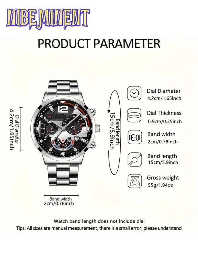 NIBEMINENT 4pcs Men's Fashion Watch Set, Quartz Movement, Round Zinc Alloy Case, Faux Leather and Stainless Steel Strap, Battery Powered with Multiple Time Zones & Date Function - Perfect for Valentine's Day, Easter, Ramadan, Birthday, Christmas - Middle East Edition - Image 3