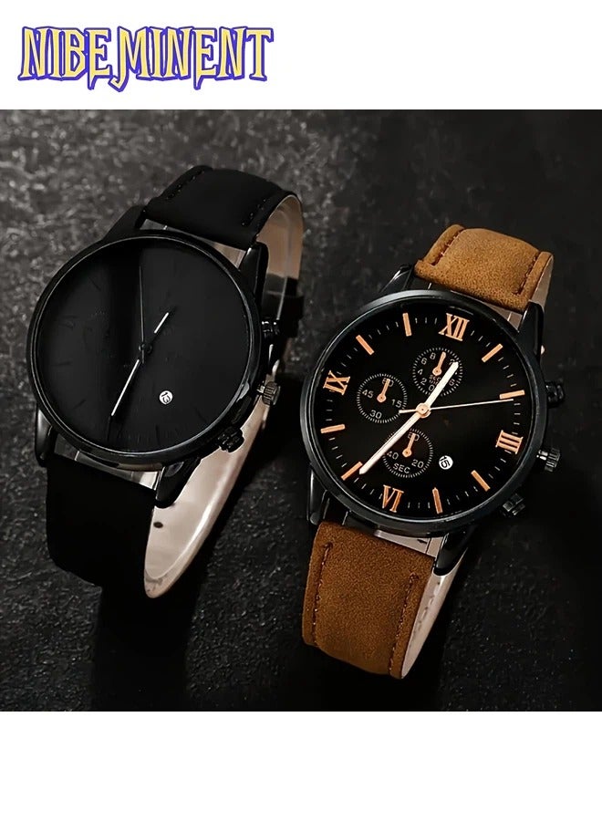 NIBEMINENT 4pcs Men's Fashion Watch Set, Quartz Movement, Round Zinc Alloy Case, Faux Leather and Stainless Steel Strap, Battery Powered with Multiple Time Zones & Date Function - Perfect for Valentine's Day, Easter, Ramadan, Birthday, Christmas - Middle East Edition - Image 4