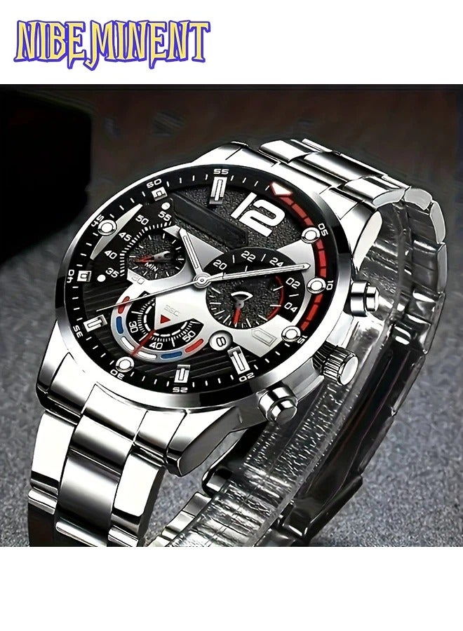 NIBEMINENT 4pcs Men's Fashion Watch Set, Quartz Movement, Round Zinc Alloy Case, Faux Leather and Stainless Steel Strap, Battery Powered with Multiple Time Zones & Date Function - Perfect for Valentine's Day, Easter, Ramadan, Birthday, Christmas - Middle East Edition - Image 5