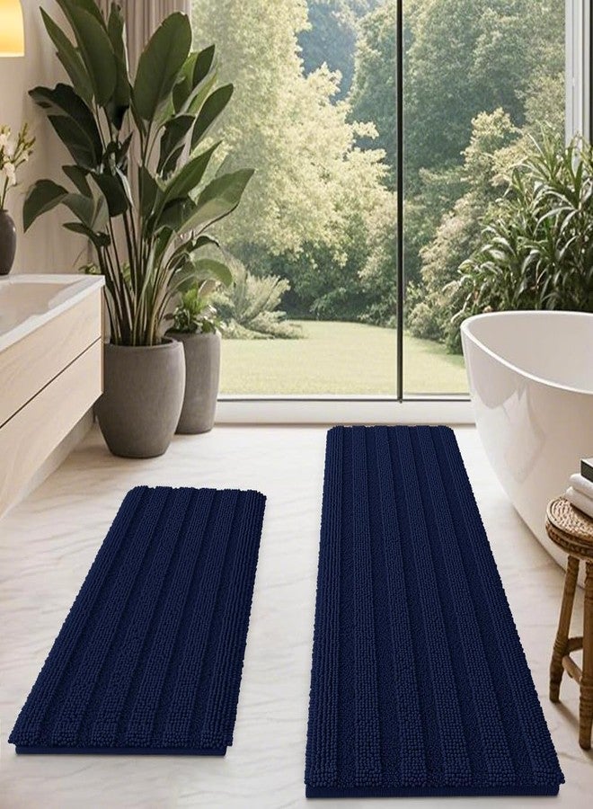 ACCUMTEK Striped Navy Blue Bathroom Rug Mat Set 2 piece 32"x20"+60"x20" Ultra Soft, Non Slip Chenille Bath Rugs, Absorbent Plush Shaggy Bath Mats for Bathroom, Bedroom, Kitchen, Shower, Tub - Image 1