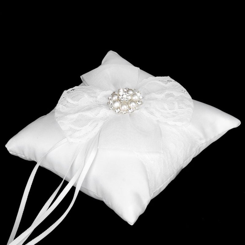 2pcs 15*15cm Sparkling Rhinestones Bridal Wedding Ceremony Bearer Pillow with Ribbon (White) - Image 3