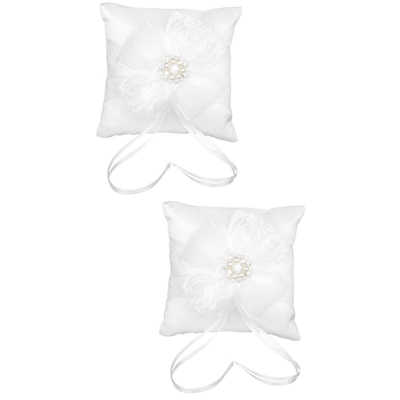 2pcs 15*15cm Sparkling Rhinestones Bridal Wedding Ceremony Bearer Pillow with Ribbon (White) - Image 1