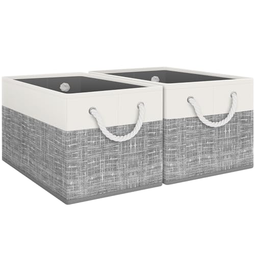 Fab totes Storage Bins [2-Pack], Foldable Storage Baskets for Organizing Toys, Books, Shelves, Closet, Large Storage Box with Rope Handles, Sturdy Organizer Bins, White & Grey - Image 1