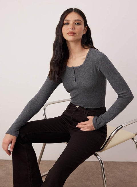 Anthracite Snap Fastener Fitted/Fitted Corded Fabric Stretch Knitted Blouse