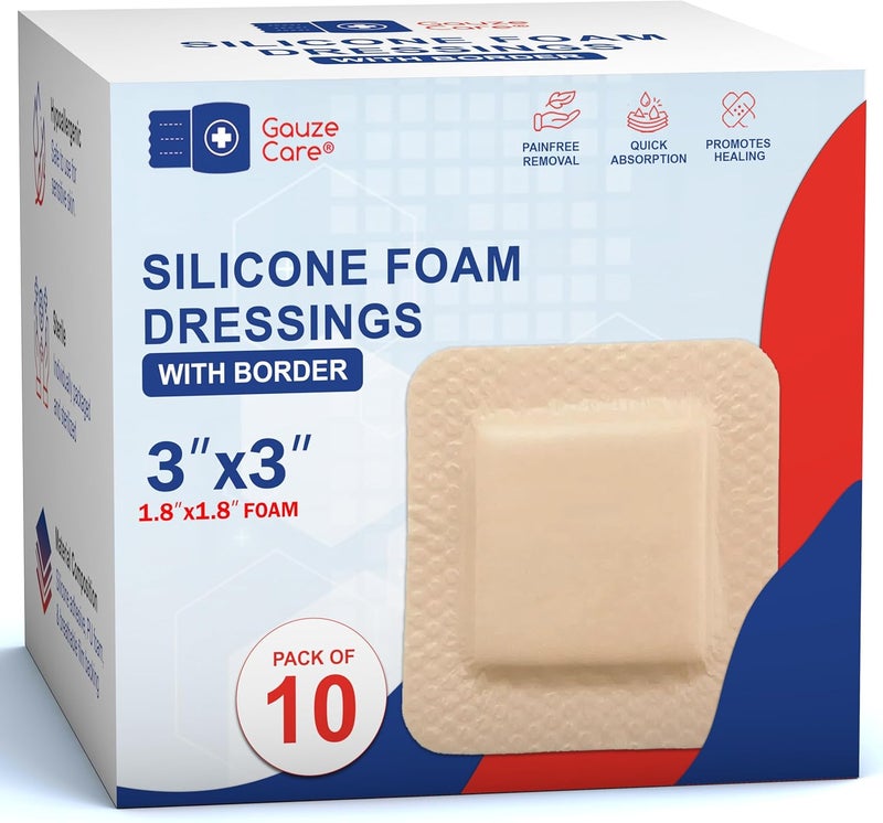 Gauze Care ضمادات فوم سيليكون غوز كير 3x3 عبوة من 10 ضمادات جروح مقاومة للماء مع حواف لاصقة لاصقة وضمادات سيليكون شديدة الامتصاص للعناية الفعالة بالجروح - Image 1