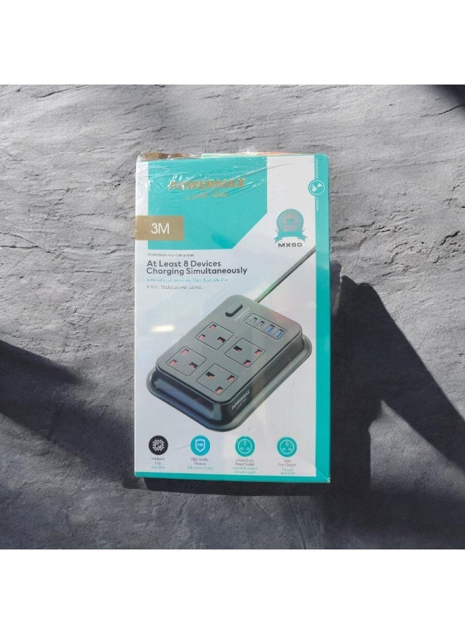 PowerMax Extension Strip 4 Sockets with 2 USB + 2 Type-C Fast Charging Ports, MX 50 Heavy-Duty 3 Meter - Image 1