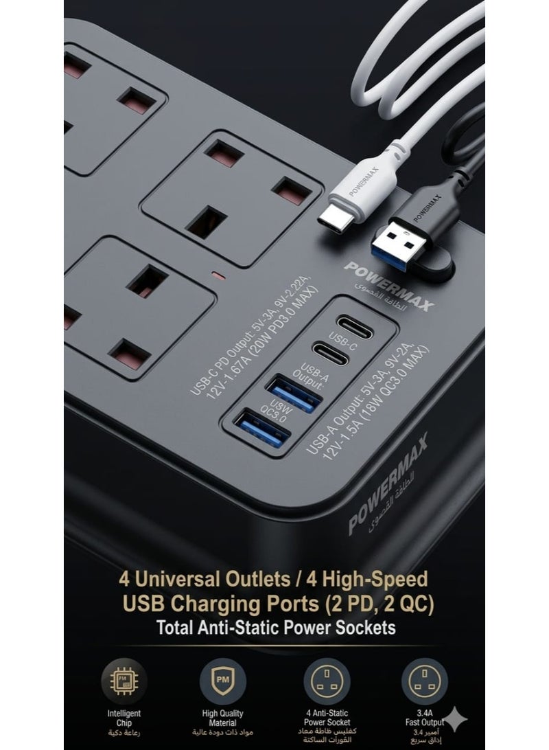 PowerMax Extension Strip 4 Sockets with 2 USB + 2 Type-C Fast Charging Ports, MX 50 Heavy-Duty 3 Meter - Image 5