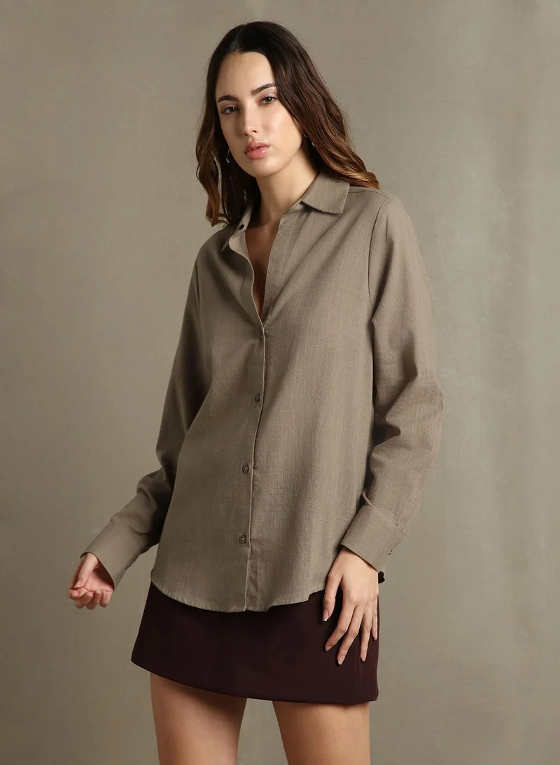 Dennis Lingo Women's Brown Cotton Blend Textured Oversized Shirt
