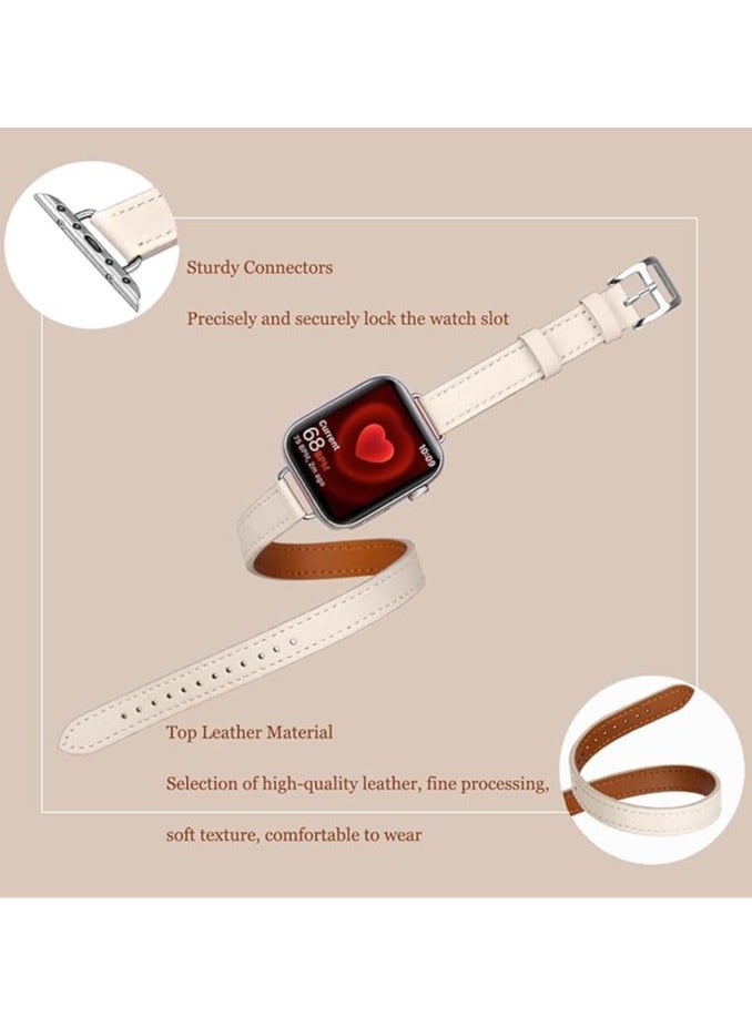 Leather Watch Band Compatible for Apple Watch Series Band 42mm 44mm 45mm 46mm 49mm women, Genuine Leather Double Tour Designed Slim Replacement Strap for iWatch Series10 9 8 7 6, Ultra2,SE, Starlight  - Image 3