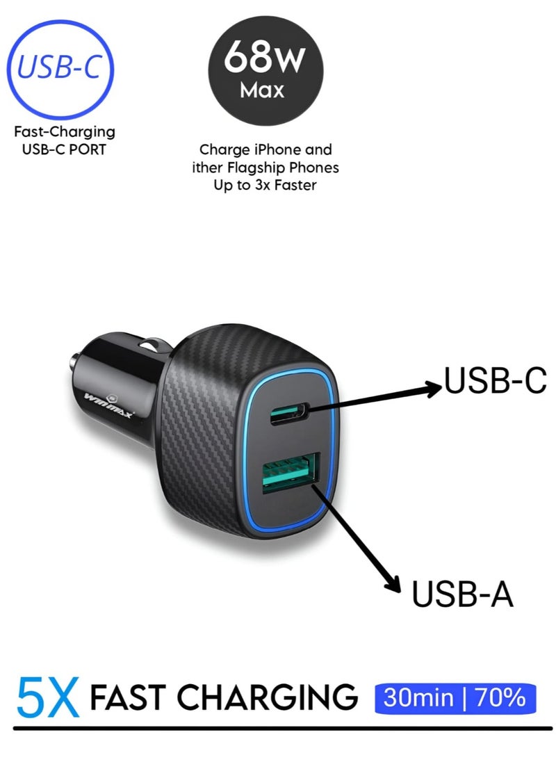 Winmax - 68W Car Charger Dual USB-C & USB-A Ports QC 3.0 & PD Technology 5X Faster Charging for iPhone & Android Devices - Image 1