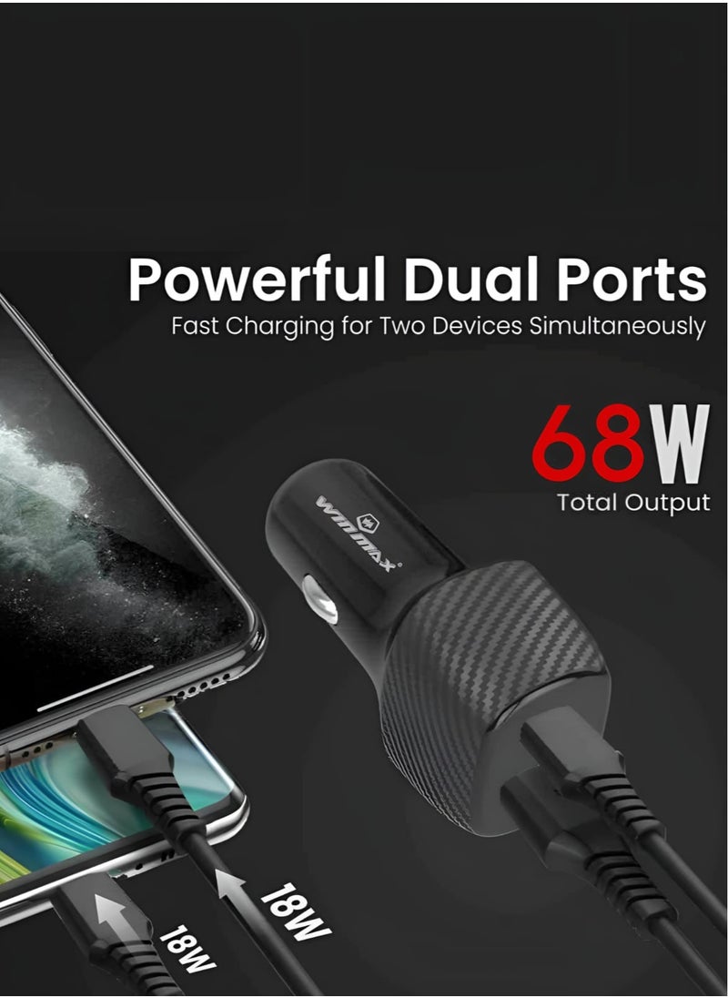 Winmax - 68W Car Charger Dual USB-C & USB-A Ports QC 3.0 & PD Technology 5X Faster Charging for iPhone & Android Devices - Image 1
