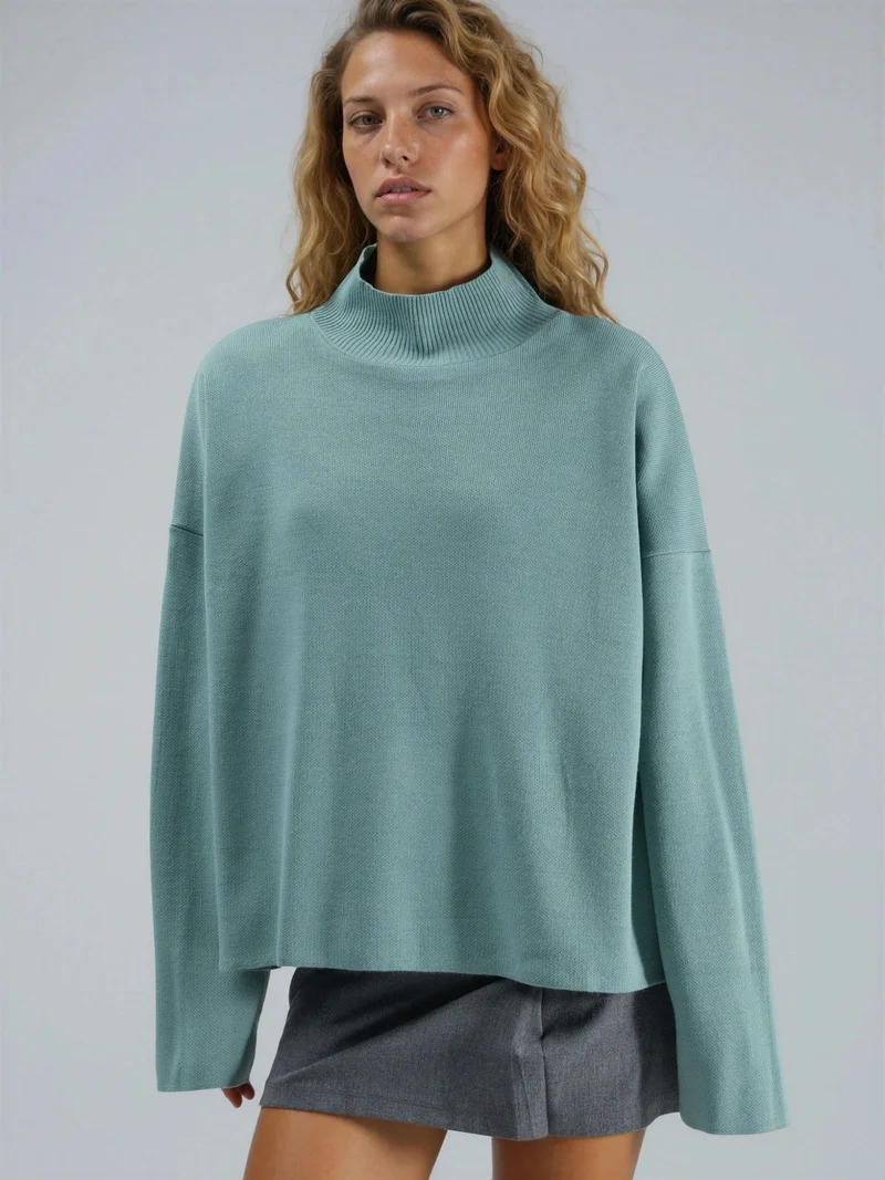 My Fashion Sage Green MY FASHION Oversized Ribbed Turtleneck Sweater for Women | Best Price UAE