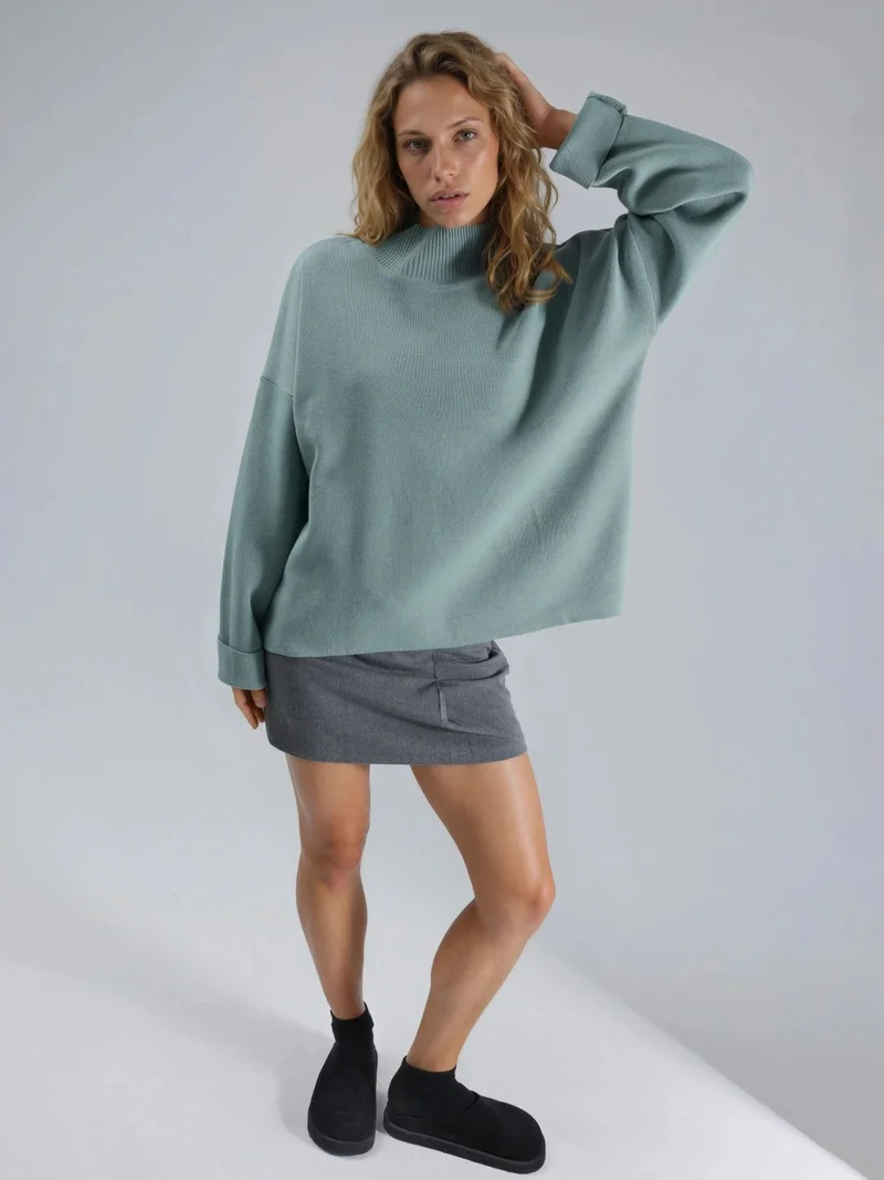 My Fashion Sage Green MY FASHION Oversized Ribbed Turtleneck Sweater for Women | Best Price UAE