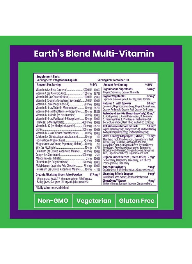 Paradise Herbs - Earth Blend Multivitamin Nature C Contains No Iron Orac Energy Greens Vegan Non Gmo Gluten Free 30 Vegetarian Capsules - Image 1