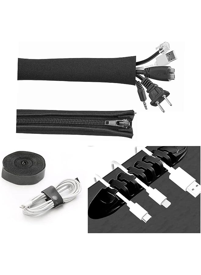 PROMASS cable tidy management set of 3 include 1 cable holder with 7 slots, 1 Cable Management Sleeve with Zipper and 1 Fastening Tape Sticky Strips Hook Loop 1 meter Reusable and Flexible - Image 1