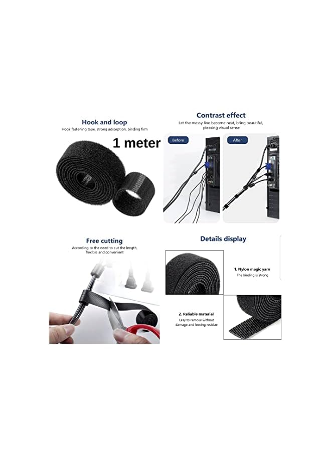 PROMASS cable tidy management set of 3 include 1 cable holder with 7 slots, 1 Cable Management Sleeve with Zipper and 1 Fastening Tape Sticky Strips Hook Loop 1 meter Reusable and Flexible - Image 4