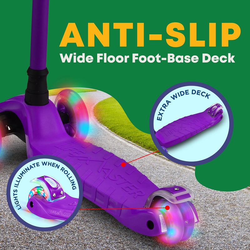 Lifemaster Kids Scooter – Children and Toddler 3 Wheel Kick Scooter – LED Wheel Lights Illuminate When Rolling– Adjustable Handlebar – Indoor and Outdoor Purple - Image 4